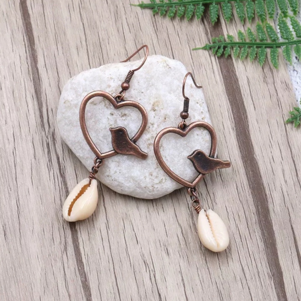Bronze Bird Heart Cowrie Shell Drop Earrings